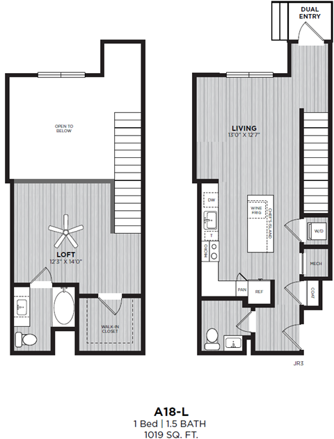 A floor plan for apartment 18-L shows a living room, a bedroom, a bathroom, and a kitchen.